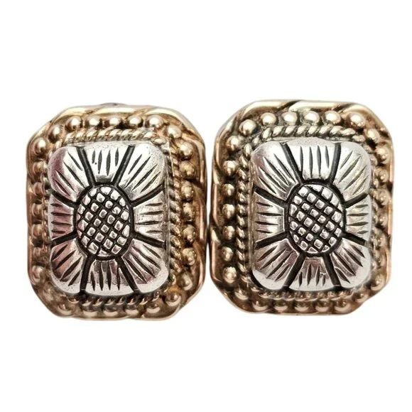Sterling Silver Stephen Dweck Square Clip On Chunky Braid Flower Earrings C814